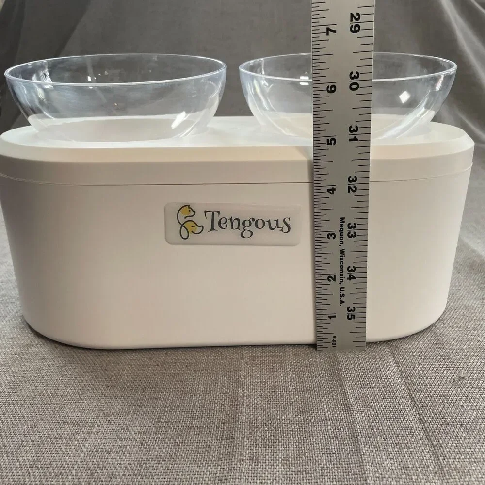 Little Treasures Pet Bowl by Tengous Raised Double Bowl White Plastic w/ Storage